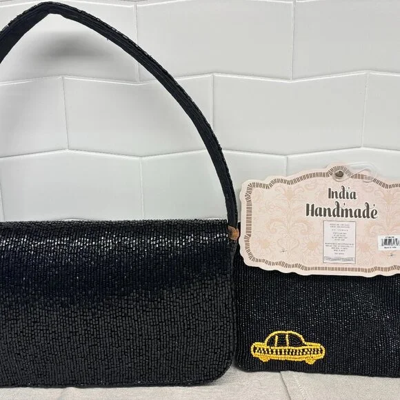 Made in India City Skyline Beaded Bundle - Shoulder Bag and Wristlet - Black - Picture 2 of 16